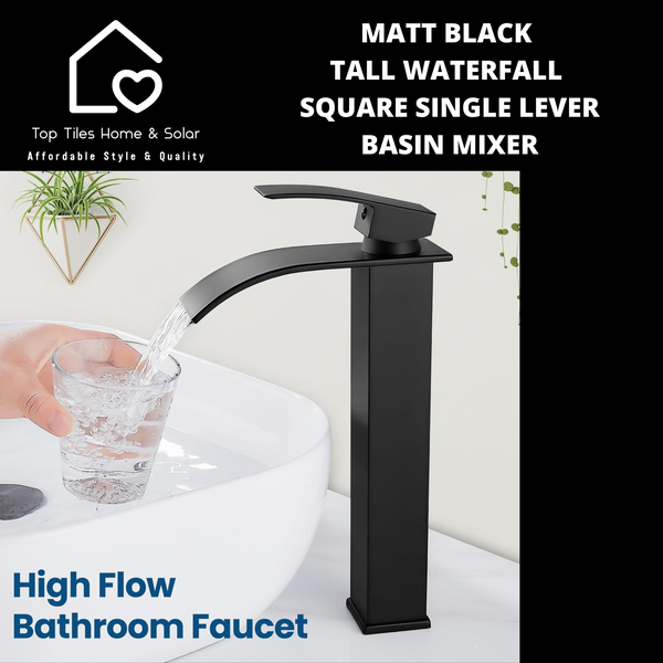 Matt Black Tall Waterfall Square Single Lever Basin Mixer