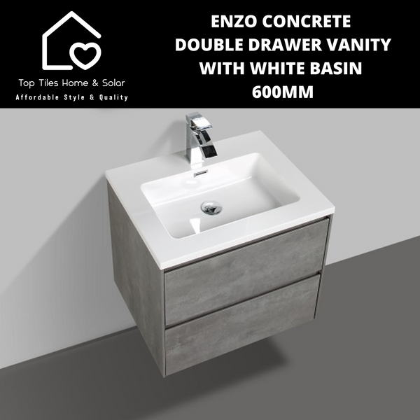 Enzo Concrete Double Drawer Vanity With White Basin - 600mm