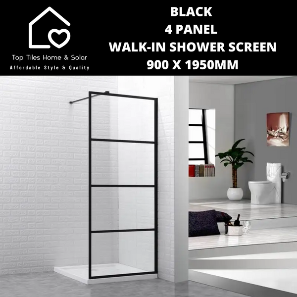 Black 4 Panel Walk-In Shower Screen - 900 x 1950mm