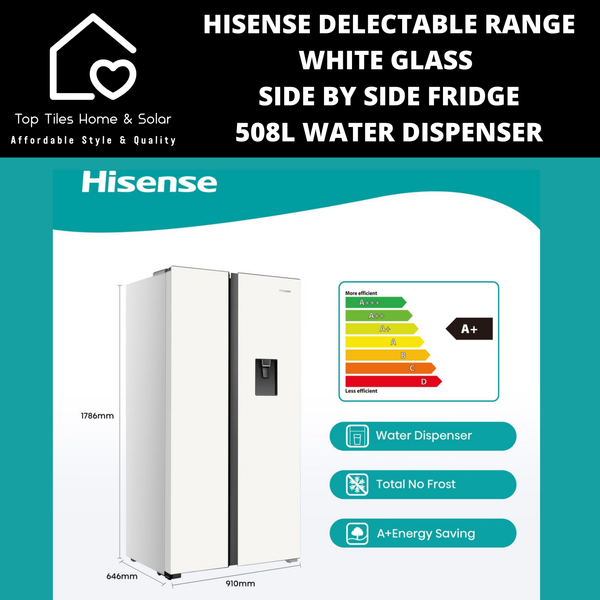 Hisense Delectable Range White Glass Side by Side Fridge - 508L Water Dispenser