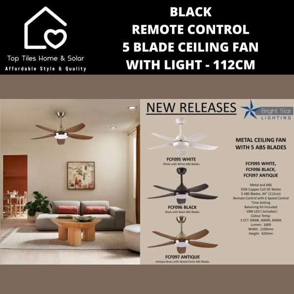 Black Remote Control 5 Blade Ceiling Fan with Light - 112cm