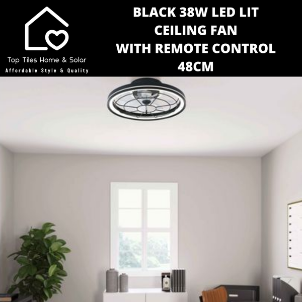 Black 38W LED Lit Ceiling Fan with Remote Control - 48cm