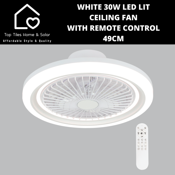 White 30W LED Lit Ceiling Fan with Remote Control - 49cm