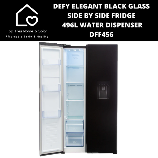 Defy Elegant Black Glass Side by Side Fridge - 496L Water Dispenser DFF456