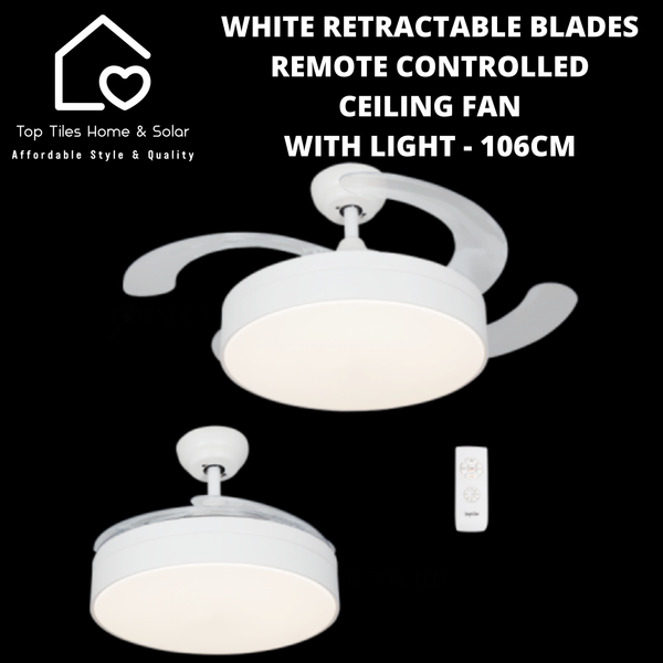 White Retractable Blades Remote Controlled Ceiling Fan with Light - 106cm