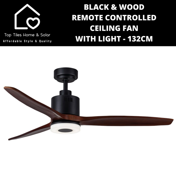 Black & Wood Remote Controlled Ceiling Fan with Light - 132cm