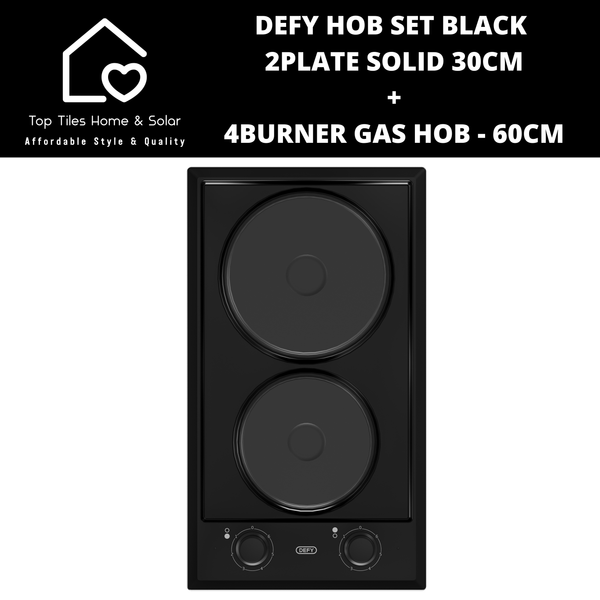 Defy Hob Set - Black 2Plate Solid 30cm + 4Burner Gas Hob - 60cm