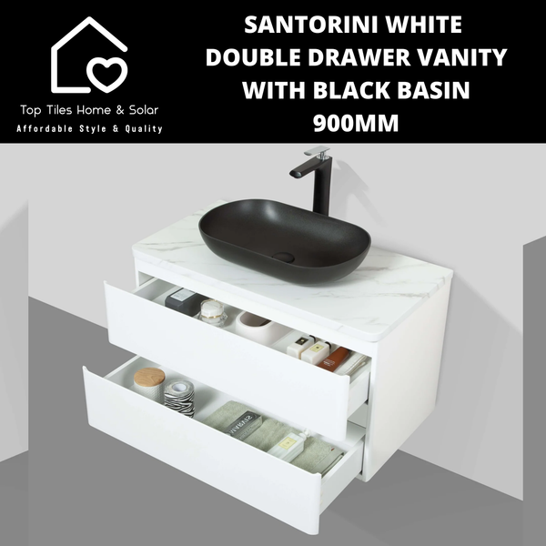 Santorini White Double Drawer Vanity With Black Basin - 900mm