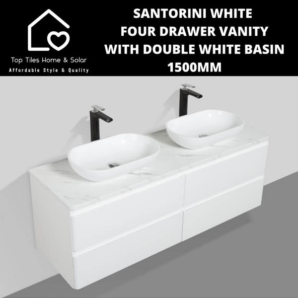 Santorini White Four Drawer Vanity With Double White Basin - 1500mm