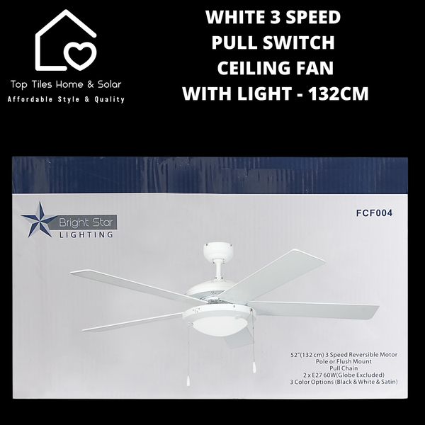 White 3 Speed Pull Switch Ceiling Fan with Light - 132cm