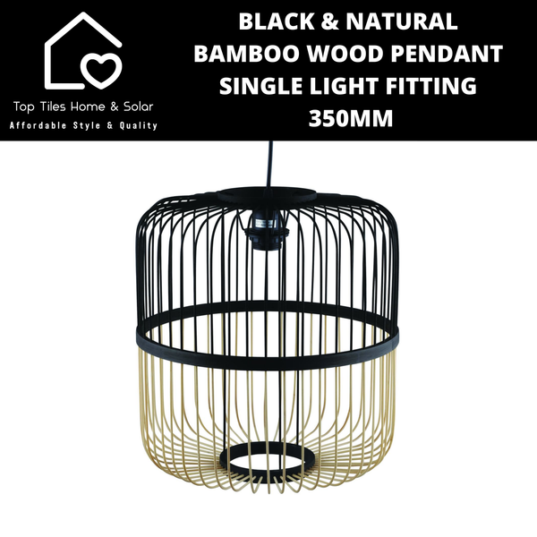 Black & Natural Bamboo Wood Pendant Single Light Fitting - 350mm