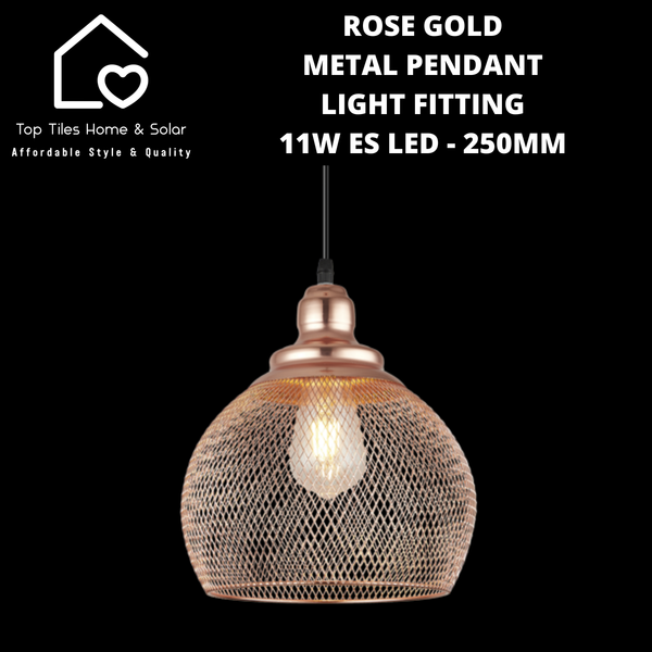 Rose Gold Metal Pendant Light Fitting - 11W ES LED - 250mm