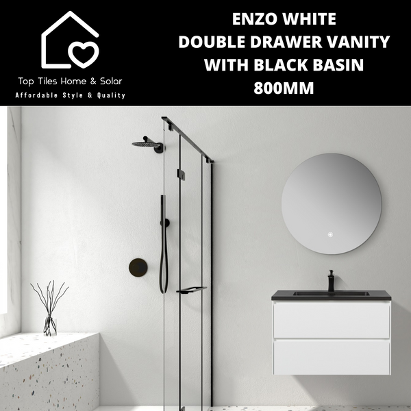 Enzo White Double Drawer Vanity With Black Basin - 800mm