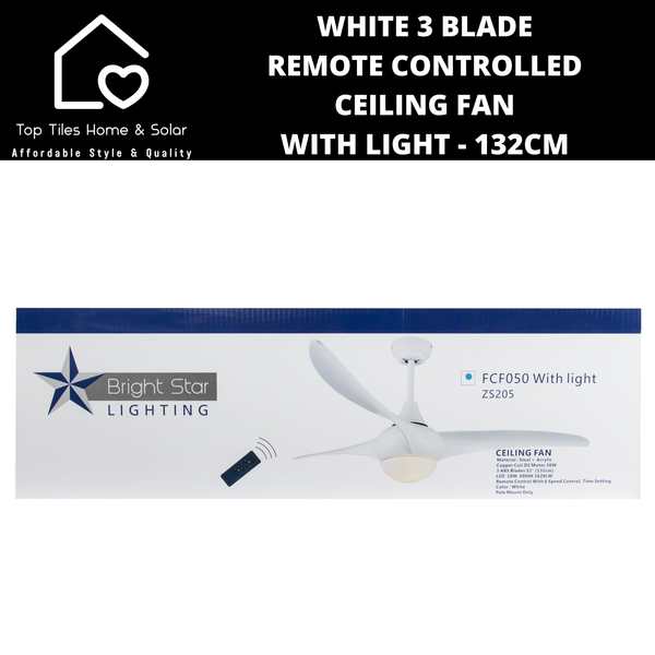 White 3 Blade Remote Controlled Ceiling Fan with Light - 132cm