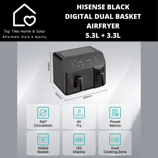 Hisense Black Digital Dual Basket Airfryer - 5.3L + 3.3L