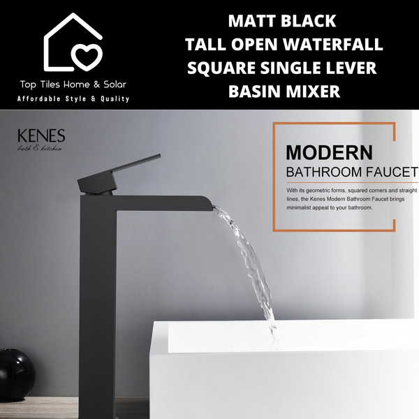 Matt Black Tall Open Waterfall Square Single Lever Basin Mixer