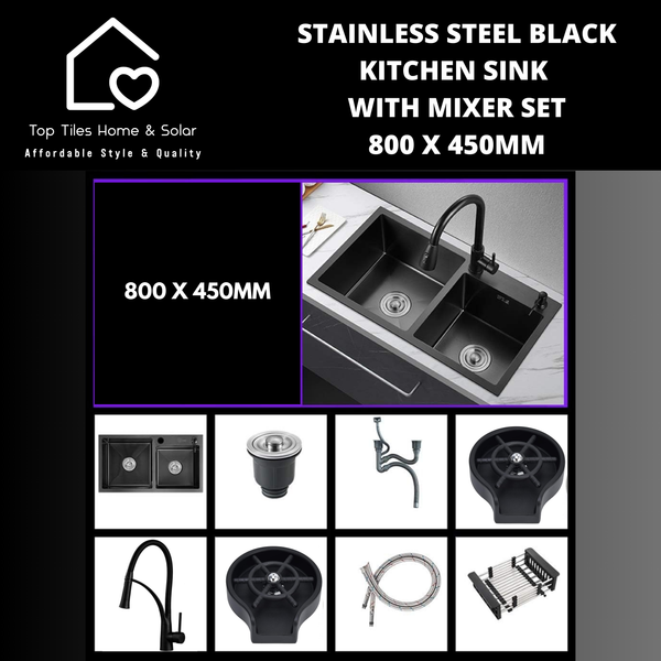 Stainless Steel Black Kitchen Sink with Mixer Set - 800 x 450mm