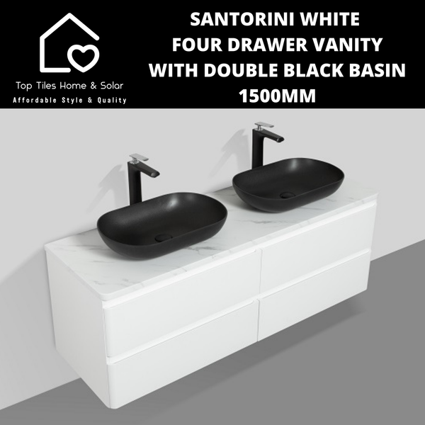 Santorini White Four Drawer Vanity With Double Black Basin - 1500mm