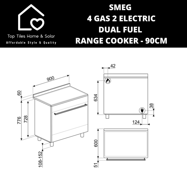 Smeg 4 Gas 2 Electric Dual Fuel Range Cooker - 90CM