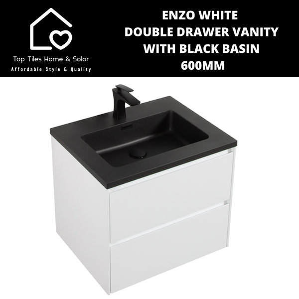 Enzo White Double Drawer Vanity With Black Basin -  600mm