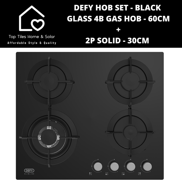 Defy Hob Set - Black Glass 4B Gas Hob - 60cm + 2P Solid 30cm