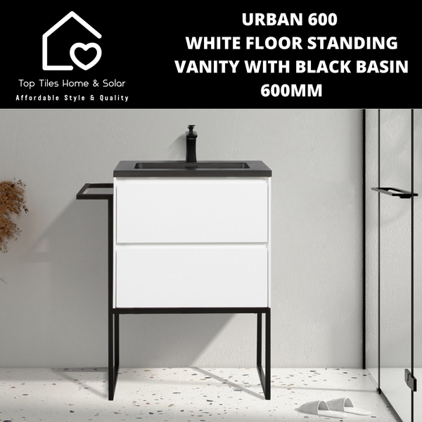 Urban 600 White Floor Standing Vanity With Black Basin -  600mm