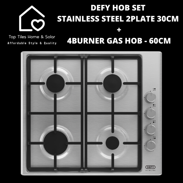 Defy Hob Set - Stainless Steel 2Plate Solid 30cm + 4Burner Gas Hob - 60cm