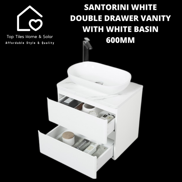 Santorini White Double Drawer Vanity With White Basin - 600mm