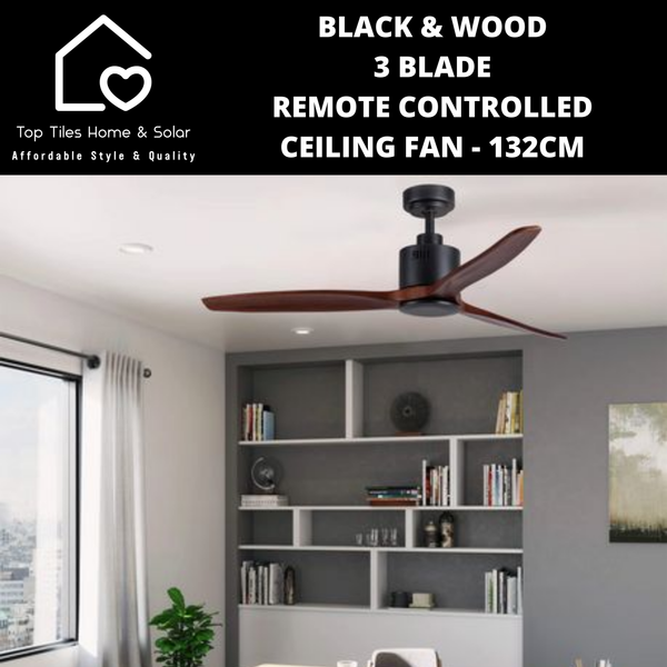 Black & Wood 3 Blade Remote Controlled Ceiling Fan - 132cm