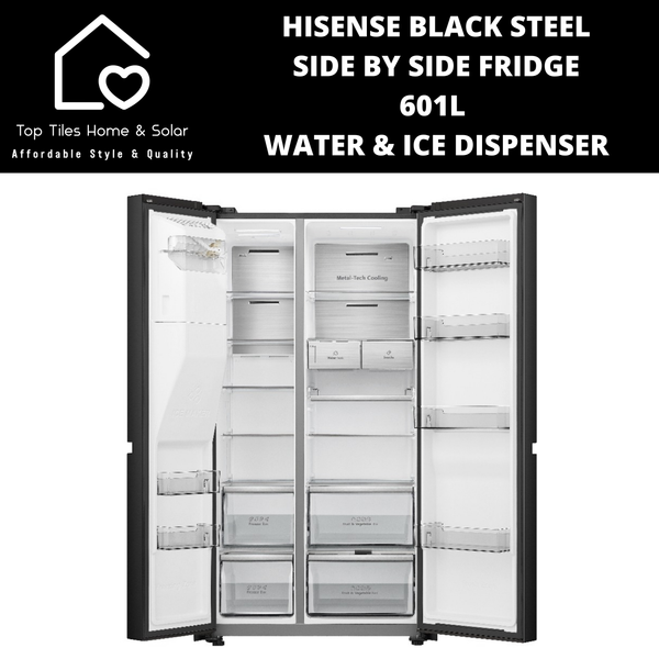 Hisense Black Steel Smart Side By Side Fridge  - 601L Water & Ice Dispenser