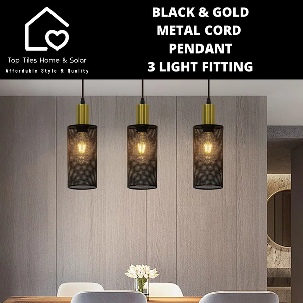 Black & Gold Metal Cord Pendant 3 Light Fitting