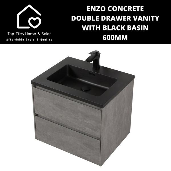 Enzo Concrete Double Drawer Vanity With Black Basin - 600mm