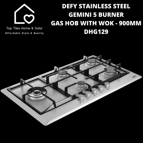 Defy Stainless Steel Gemini 5 Burner Gas Hob With Wok - 900mm DHG129