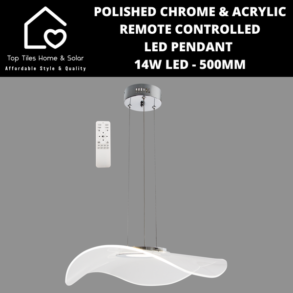 Polished Chrome & Acrylic Remote Controlled LED Pendant - 14W LED - 500mm