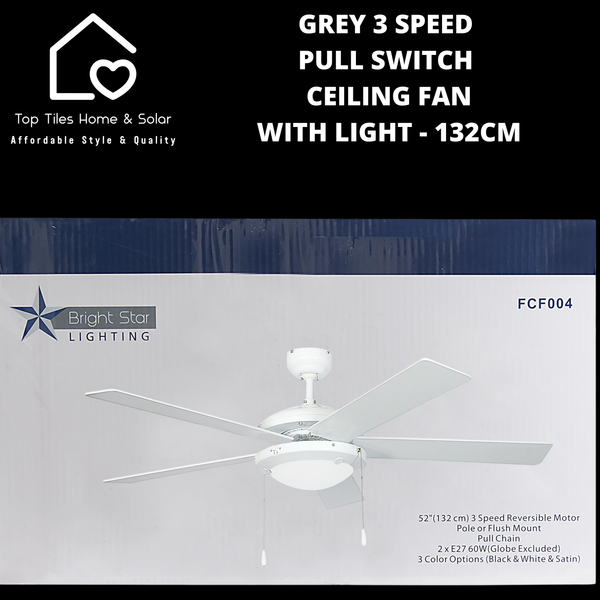 Grey 3 Speed Pull Switch Ceiling Fan with Light - 132cm