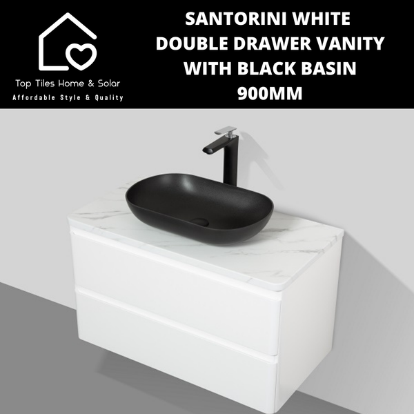 Santorini White Double Drawer Vanity With Black Basin - 900mm