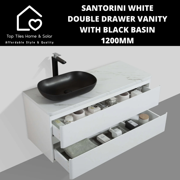 Santorini White Double Drawer Vanity With Black Basin - 1200mm