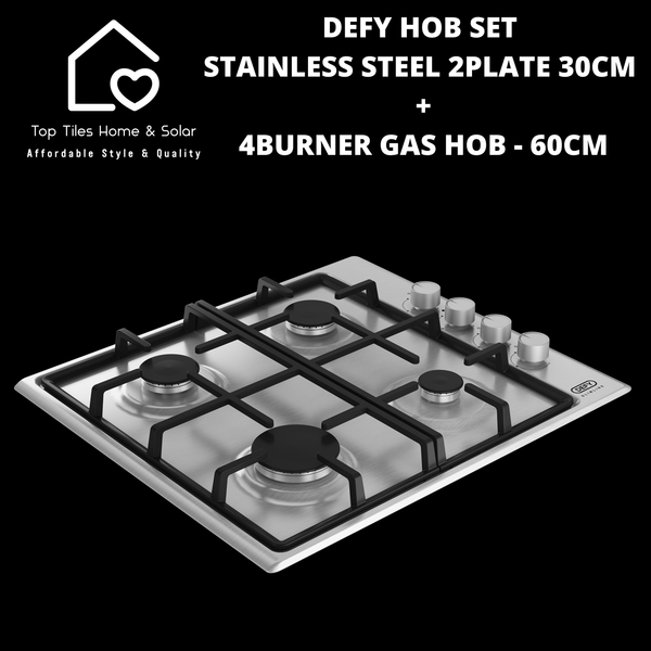 Defy Hob Set - Stainless Steel 2Plate Solid 30cm + 4Burner Gas Hob - 60cm