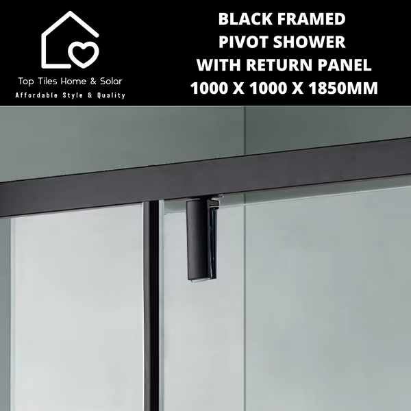 Black Framed Pivot Shower With Return Panel - 1000 x 1000 x 1850mm