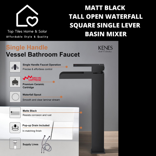 Matt Black Tall Open Waterfall Square Single Lever Basin Mixer