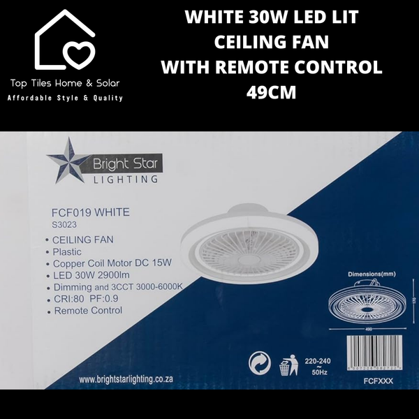 White 30W LED Lit Ceiling Fan with Remote Control - 49cm