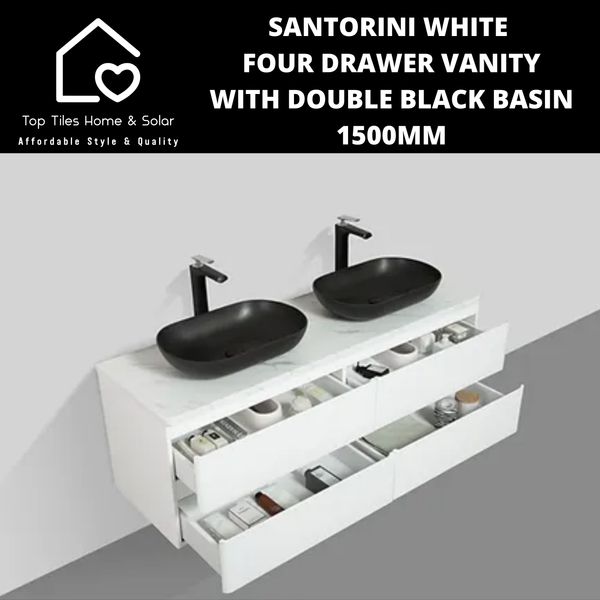 Santorini White Four Drawer Vanity With Double Black Basin - 1500mm