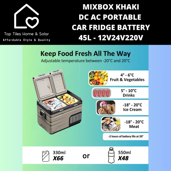 Mixbox Khaki DC AC Portable Car Fridge with Battery - 45L - 12V/24V/220V