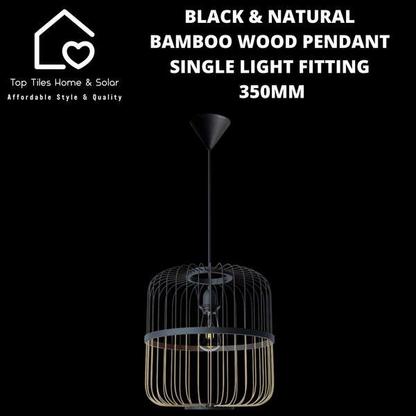 Black & Natural Bamboo Wood Pendant Single Light Fitting - 350mm