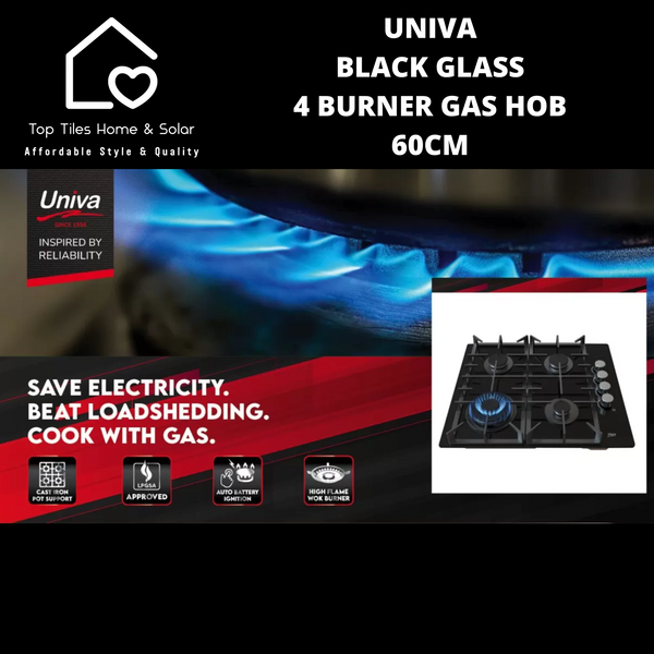 Univa Black Glass 4 Burner Gas Hob - 60cm