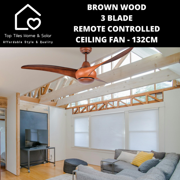 Brown Wood 3 Blade Remote Controlled Ceiling Fan - 132cm