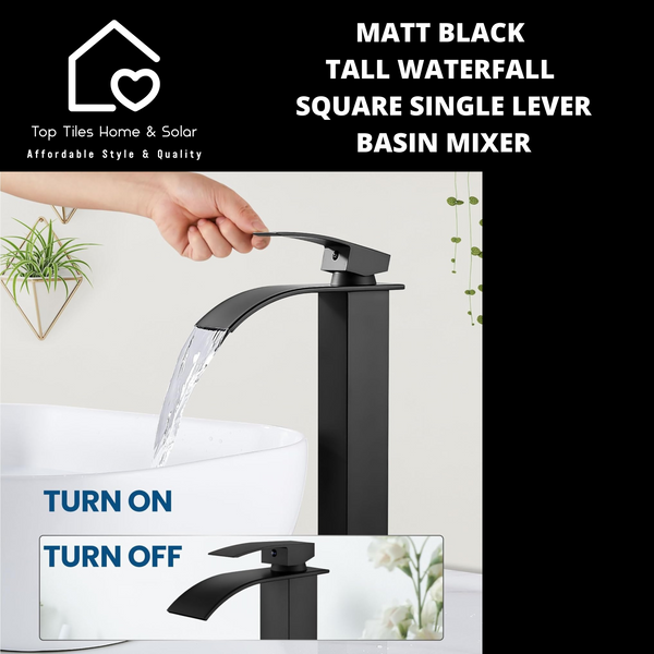 Matt Black Tall Waterfall Square Single Lever Basin Mixer