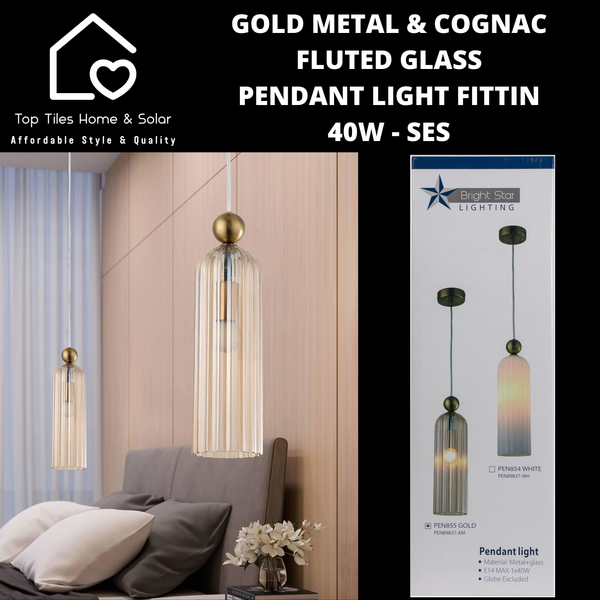 Gold Metal & Cognac Fluted Glass Pendant Light Fitting - 40 SES