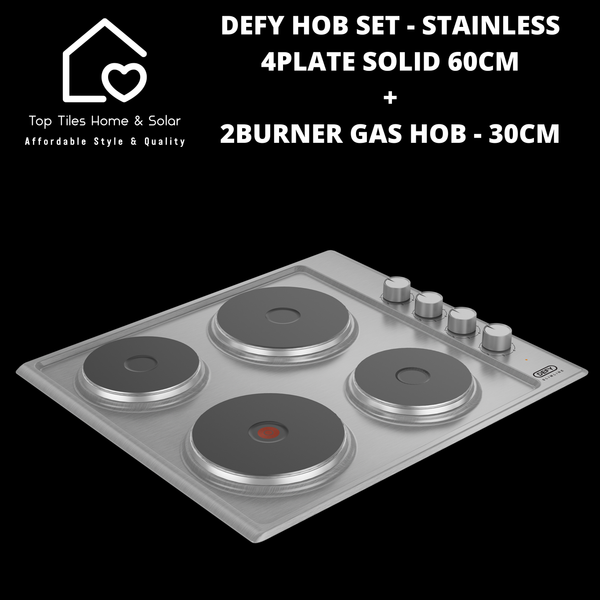 Defy Hob Set - Stainless Steel 4Plate Solid 60cm + 2Burner Gas Hob - 30cm