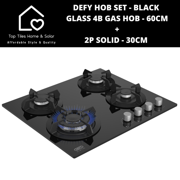 Defy Hob Set - Black Glass 4B Gas Hob - 60cm + 2P Solid 30cm